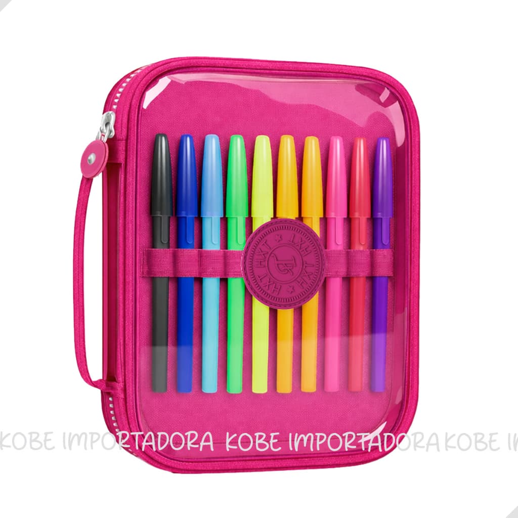 Estojo Transparente Organizador Grande com Divisória e Alça Escolar 12 Elásticos para Canetas