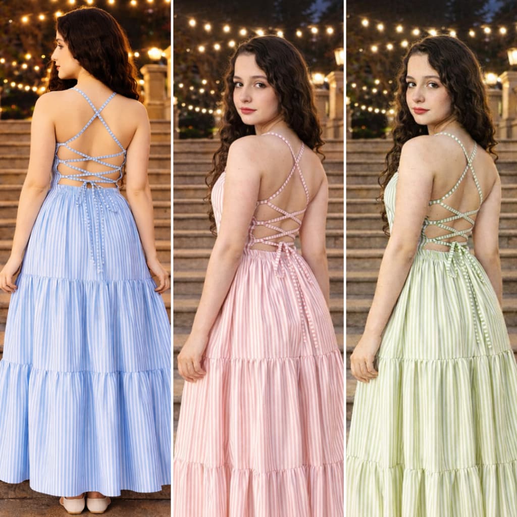 Vestido Juvenil Menina Longo Listrado Festa Elegante Ajustável Costas Abertas Trançado Verão