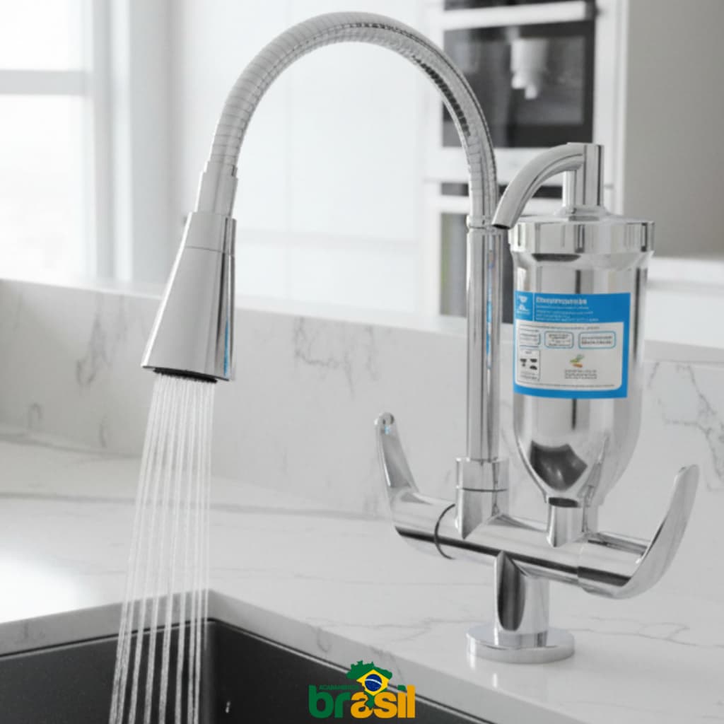 Torneira Filtro Cozinha Inox Cromado purificador Vela Carvão Ativado bancada bica Flexivel 2 jatos