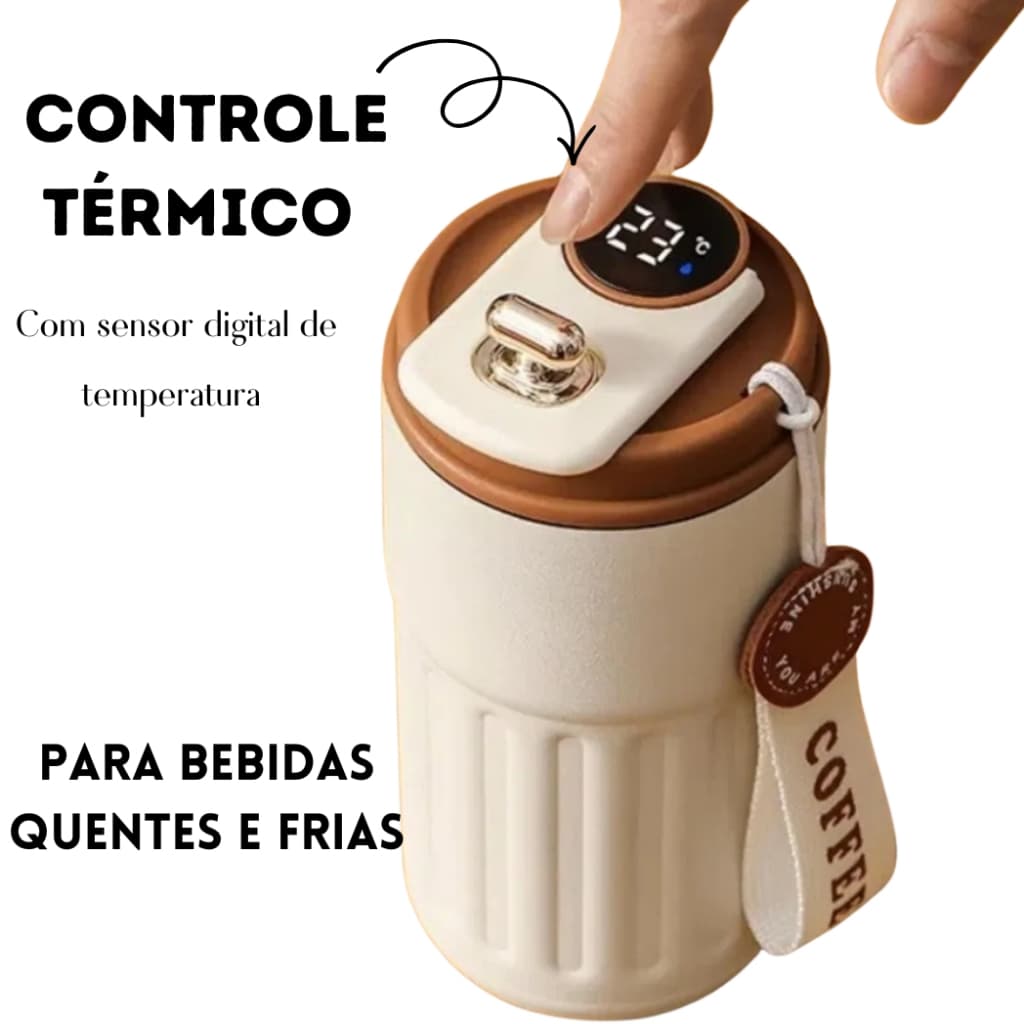 Copo Térmico Inox - 450ml - Display Digital de Temperatura LED - Tampa Anti Vazamento com Trava