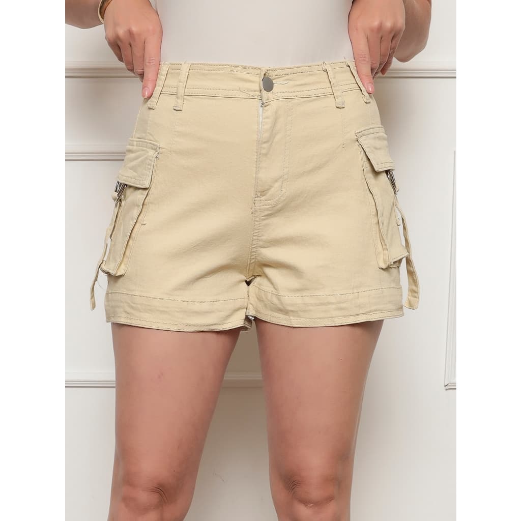 ONLYONE- SHORT FEMININO ELEGANTE EM SARJA CARGO CINTURA ALTA BOLSOS UTILITÁRIOS - SHORTS CASUAL CONFORTÁVEL CARNAVAL