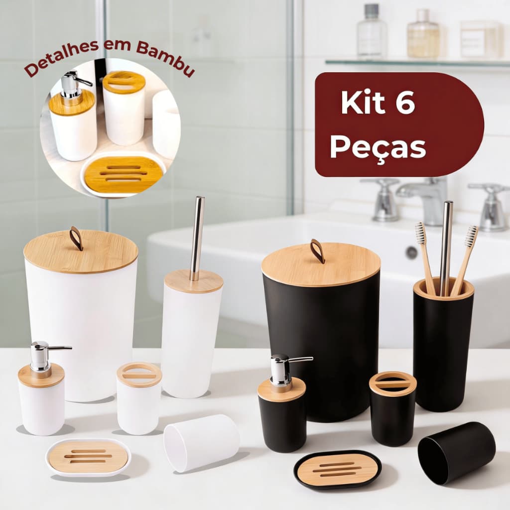 Kit Banheiro 6 Peças em Bambu com Lixeira Luxo e Puxador de Couro