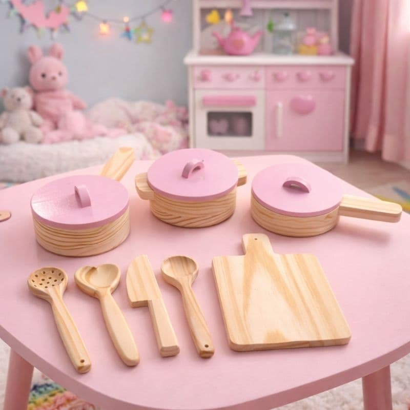 Kit Cozinha Infantil  Madeira  Completo Panelas Rosa Colheres e Tábua Brinquedo Educativo Montessori