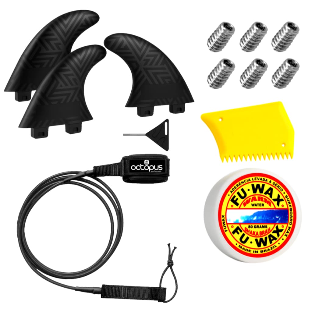 Leash Prancha Surf 2 Giradores - Strep 6´ + Jogo Quilhas M5 + Parafina Fu Wax