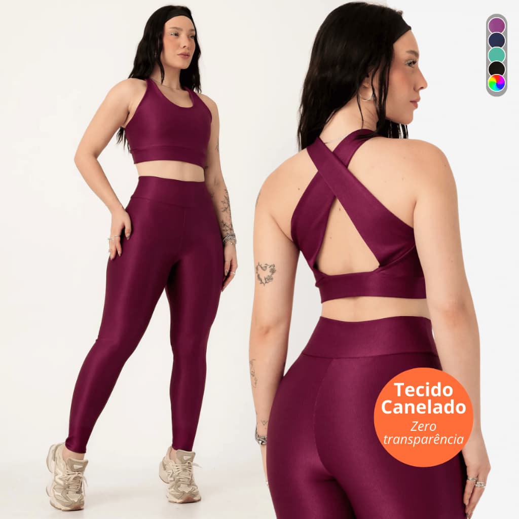 Conjunto Feminino Fitness Canelado Zero Transparencia Legging e Top Academia Treino