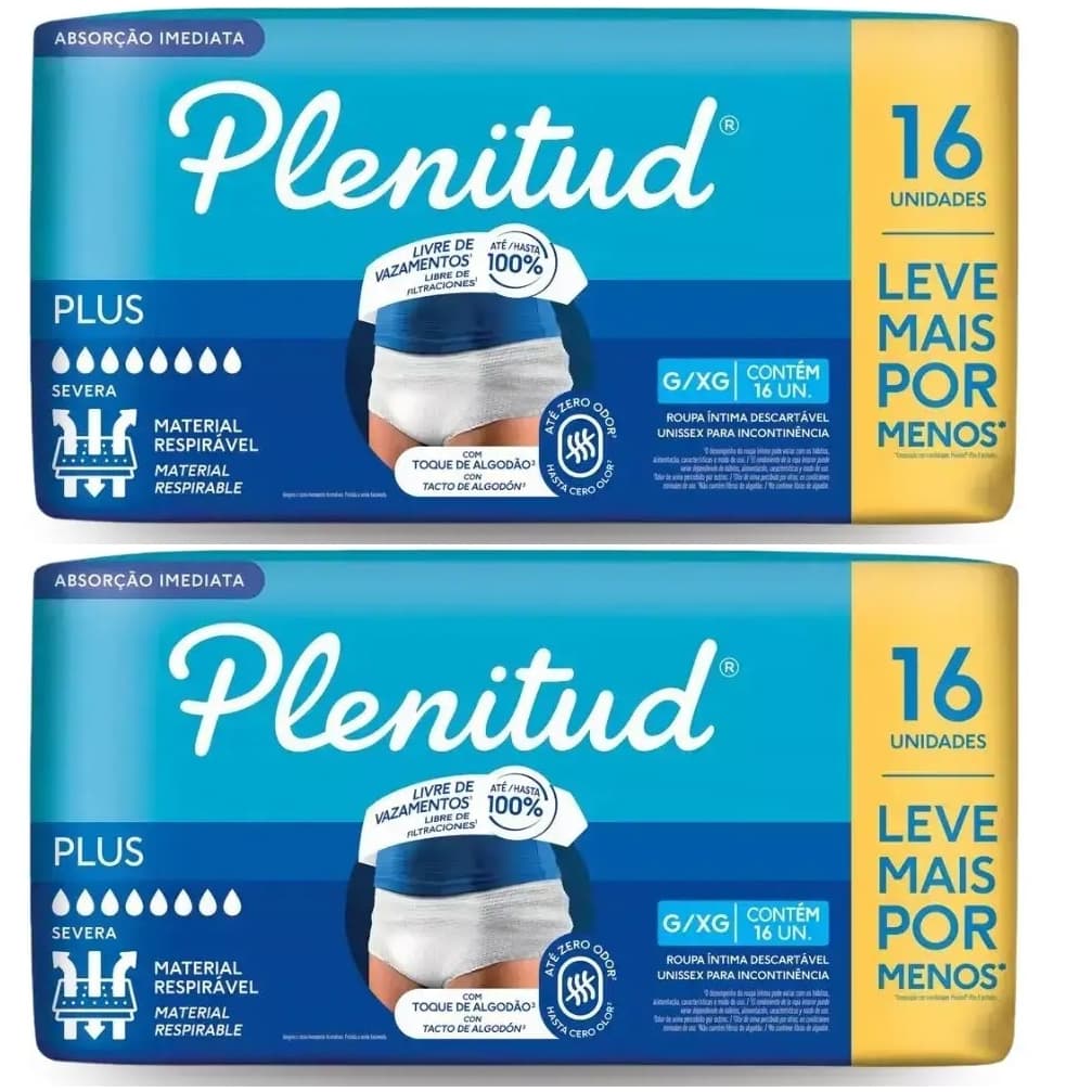 Kit 2 Pct Fralda / Roupa Íntima Plenitud G/XG Protect Plus 32un Total Cintura 112 a 137cm