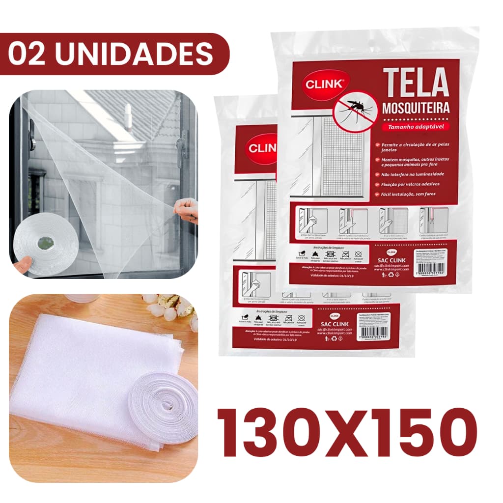 Kit 02 Telas Mosquiteiro 130x150cm Velcro Adesivo Janela Anti Inseto