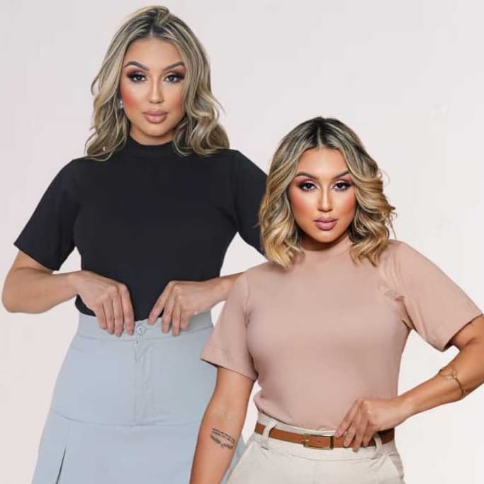 Kit 2  Blusas Femininas Gola Alta T shirts Estilosa 100% algodão Camiseta Basica Lisa 100% Algodao