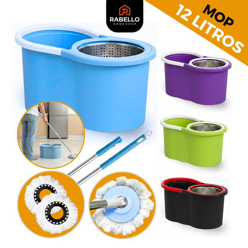 Mop Esfregão Balde 12 Litros e Rodo Giratório 360° com Alça Cesto Cabo Inox + Refil Mágico Limpeza