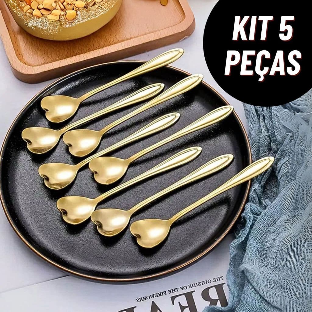 Kit 5 Colheres Coração Fofa para Cozinha Mesa Posta Douradas Café Sobremesa Chá Aço Inoxidável