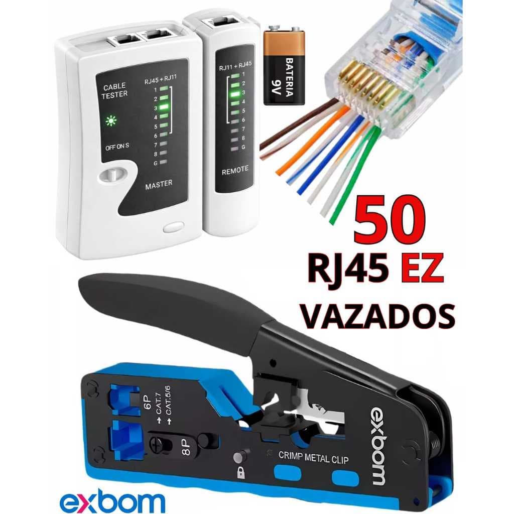 Alicate Crimpar Rj45 Vazado + Testador + 50 Rj45 Ez Passagem