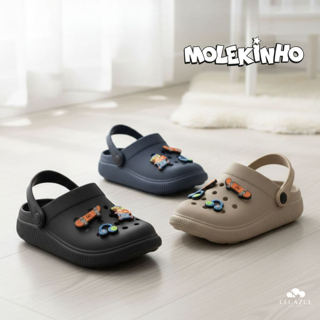 Babuche Clog Molekinho Infantil Menino Enfeites Skates Confortável Original