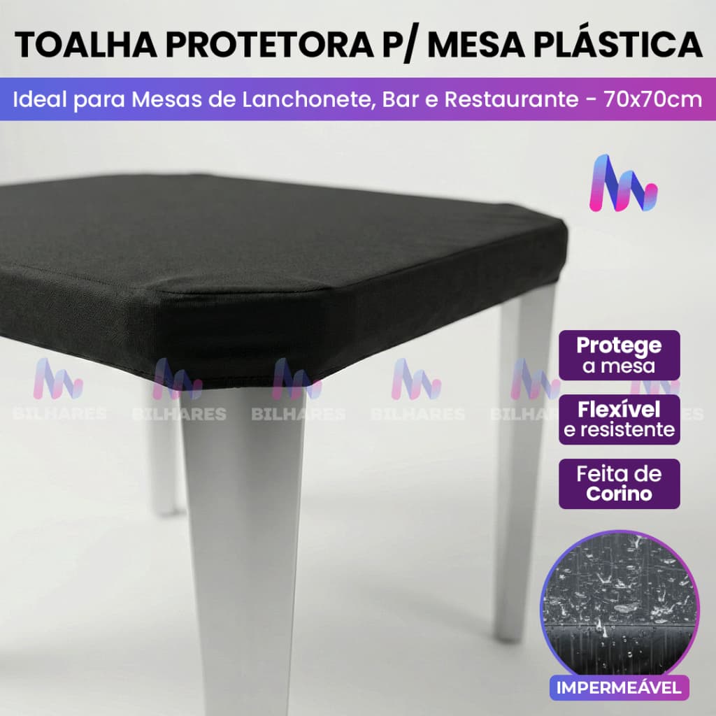 Capa 70x70 Impermeável para Mesa Plástica de Restaurante Bar Lanchonete - Corino Napa Ecológico Kit Preto Protege