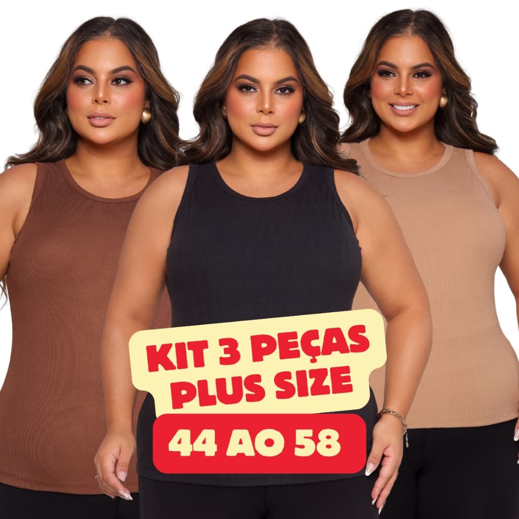 Kit 3 Blusa Feminina Regata Algodão Plus Size Canelada Premium Elastano