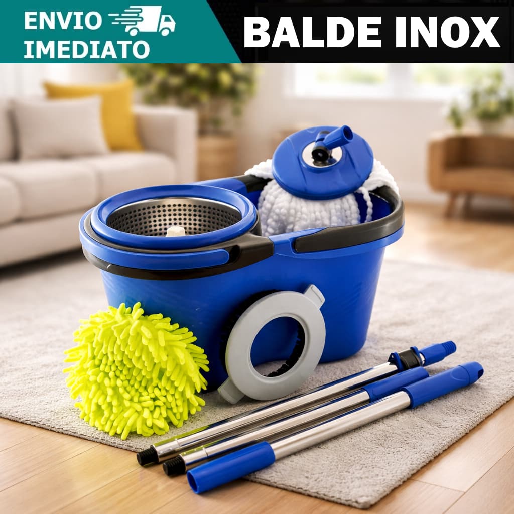 Balde Mop Esfregão Pro Perfect Reforçado Inox 360 Esfregão Reforçado Top com 3 Refil 14L Lava e Seca