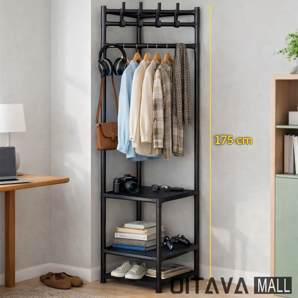 Cabideiro De Canto Multifuncional Com 4 Ganchos 175cm Preto