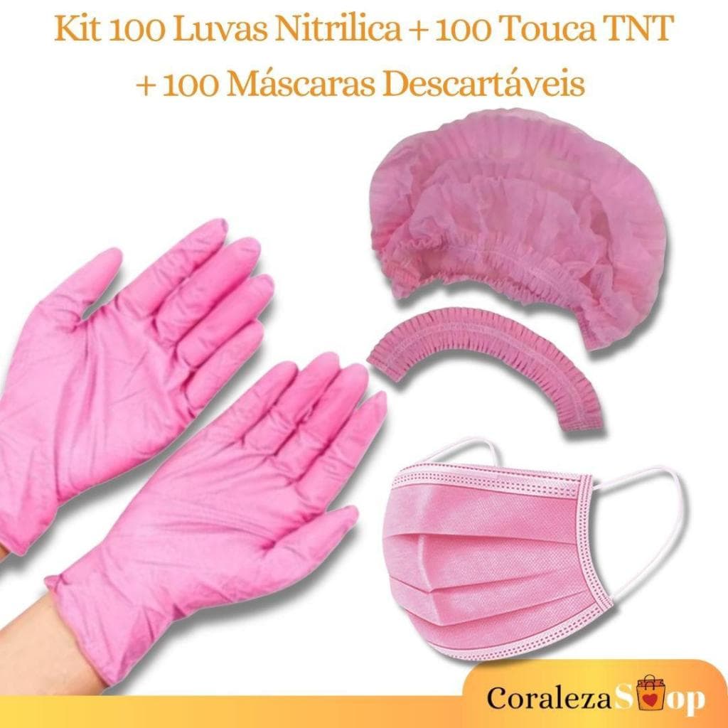 Kit Rosa 100 Touca TNT+ 100 Luva Nitrilica+ 100 Máscara Descartável Tripla Camada Com Clipe Nasal