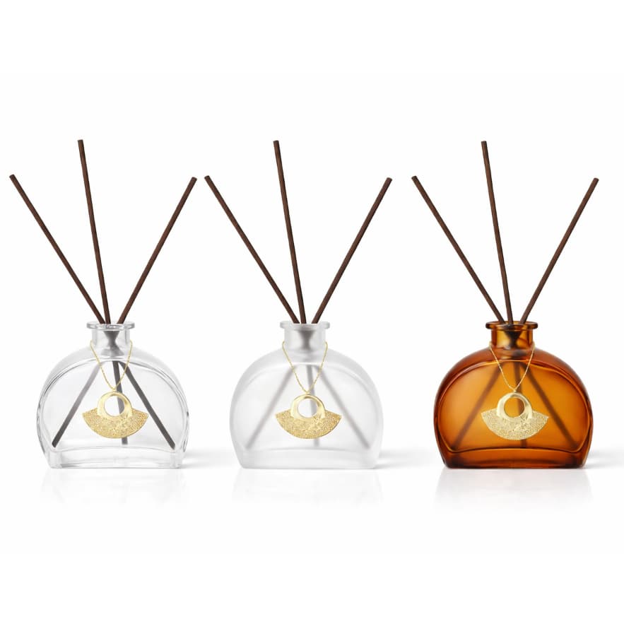 Frasco Difusor 210ml Vidro Transparente, Fosco ou Âmbar com Vareta Fibra Marrom e Pingente Dourado