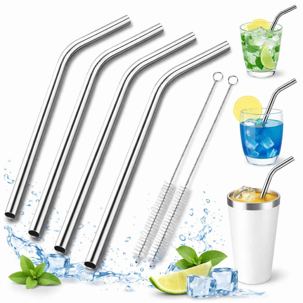 Canudos Inox Curvo com Escovinha Limpeza Reutilizáveis Laváveis - ENVIO IMEDIATO