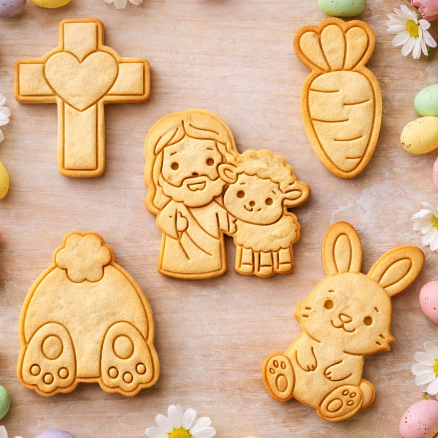 Kit 5 Cortadores e Marcadores de Páscoa 5 Peças | Biscoito | Coelho, Cenoura, Cristo, Páscoa