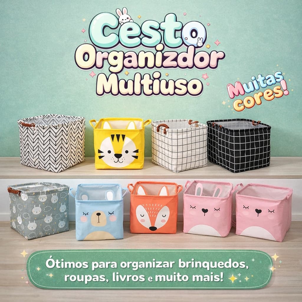 Cesto Organizador Dobrável Infantil 32x32x32cm | Caixa de Armazenamento Multiuso para Roupas, Brinquedos e Lavanderia
