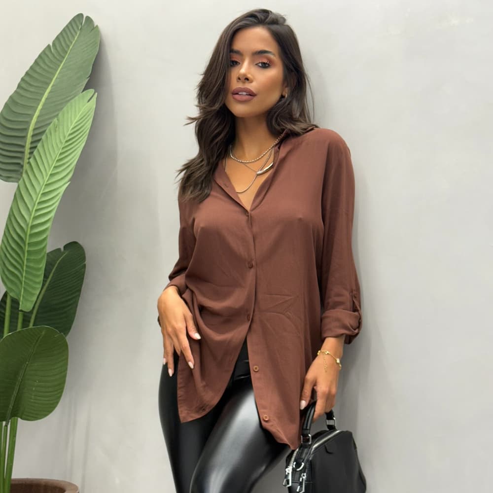 Max Camisa Feminina Viscolinho Manga Longa Elegante Sofisticada Leve Estilo Casual Modelagem Ampla Confortável Pré Lavad