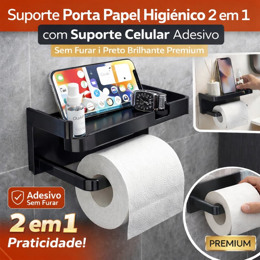 Porta Papel Higienico com Suporte Celular 2 em 1 Adesivo 3M Forte Sem Furar Parede Preto