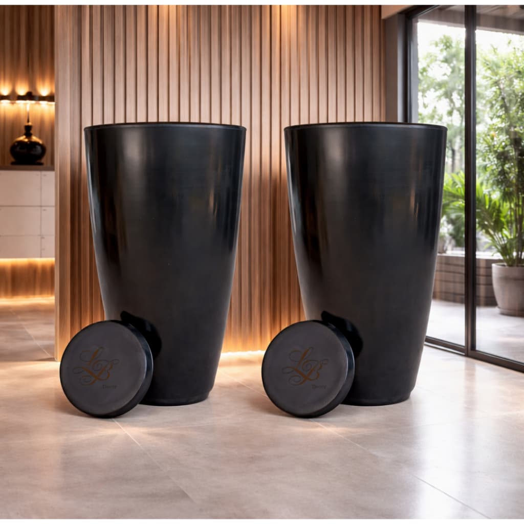 kit 2 Vasos Luxo grandes para planta, Coluna Cone Bojo Polido nº4 com prato coletor