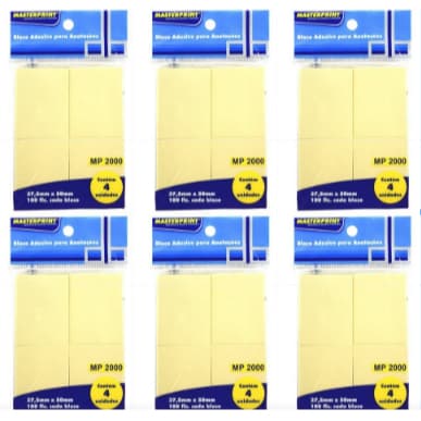 Bloco Adesivo 38x50mm Amarelo C/100fls Cada = 400folhas