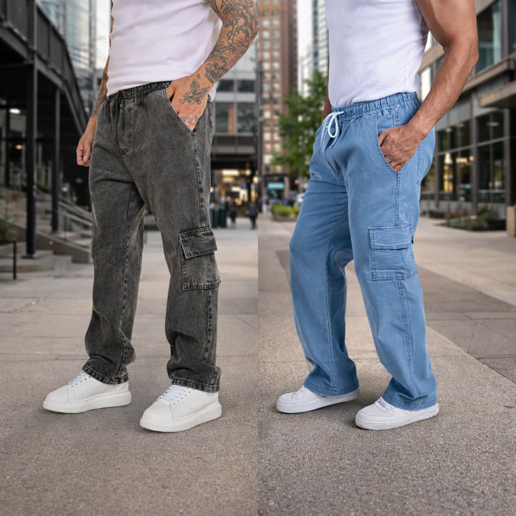 Kit 2 Calças Cargo Jeans Masculina Street Wear Larga Skate Casual Cordão de Ajuste