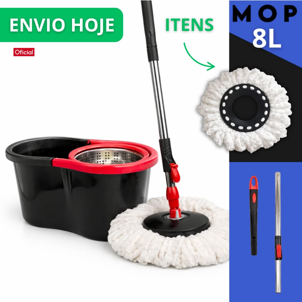 Mop Giratório Cabo Grande de 120 cm 8 Litros Cesto Em Plástico e Inox - Balde Centrífuga Preto