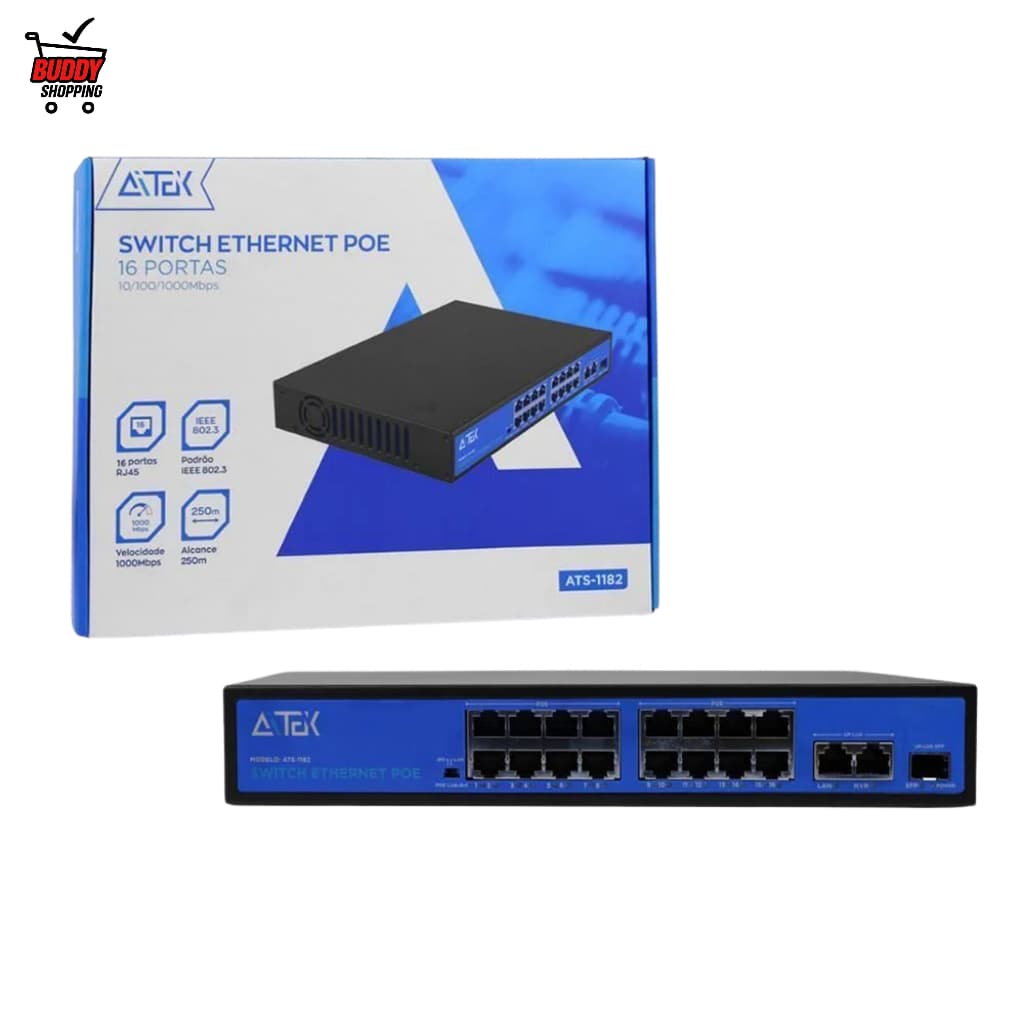 Switch PoE 8 e 16 Portas Gigabit – ATS-182 e ATS-1182 | Ideal para CFTV e Redes