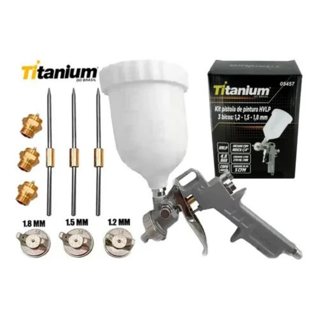Pistola De Pintura HVLP 600ml Com 3 Bicos 1.2 1.5 1.8 TItanium Platina