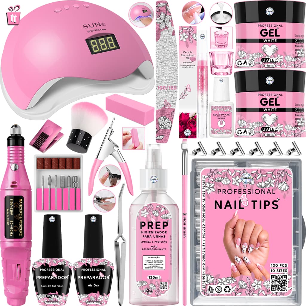 Kit Unhas de Gel Cabine Sun 5 LED UV 48w Digital Lixadeira Elétrica Caneta 20.000 RPM Prep Molde Lixa Broca Presilha