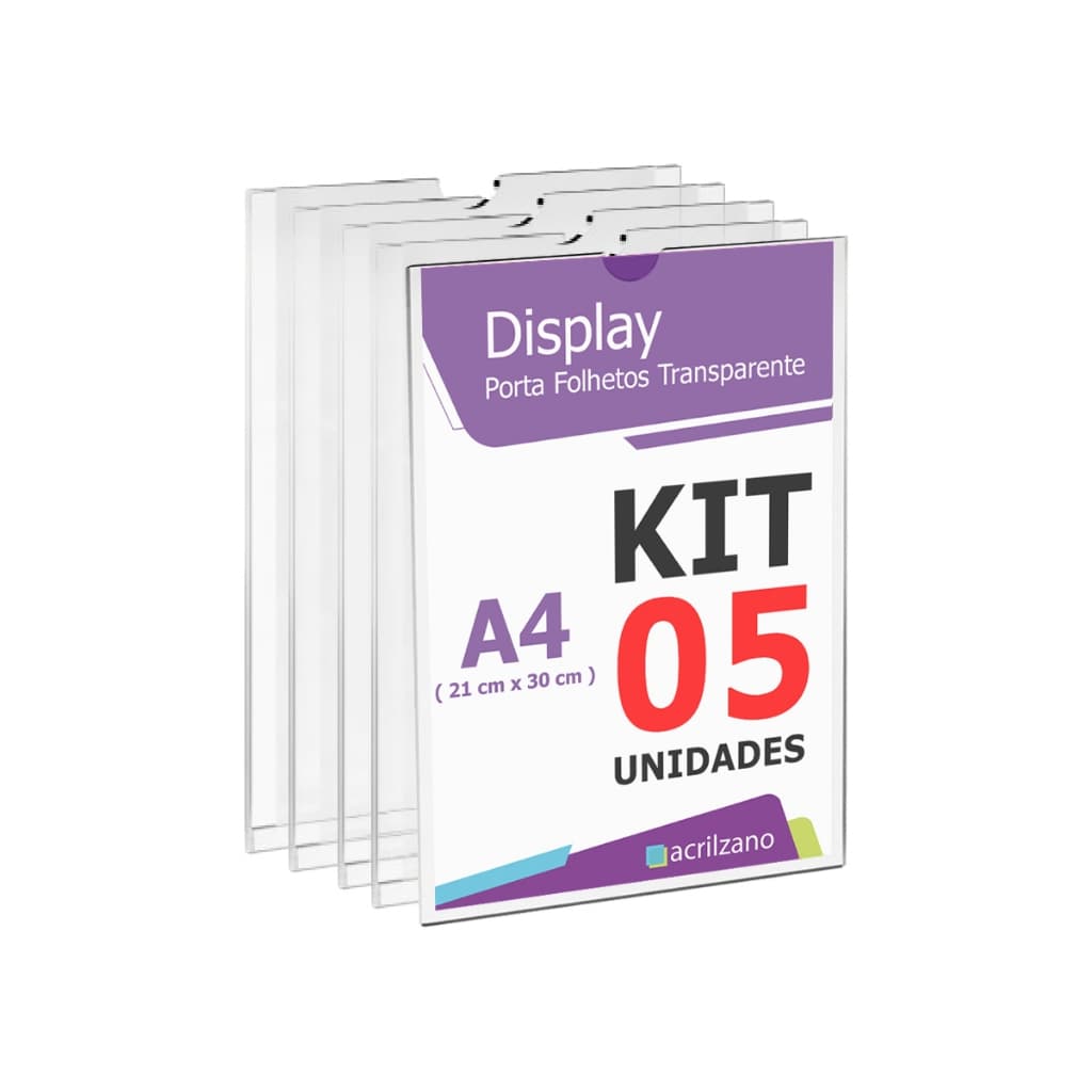 Kit com 5 Display Expositor Suporte AcrÍlico tamanho A4 de parede ou porta com fita dupla face