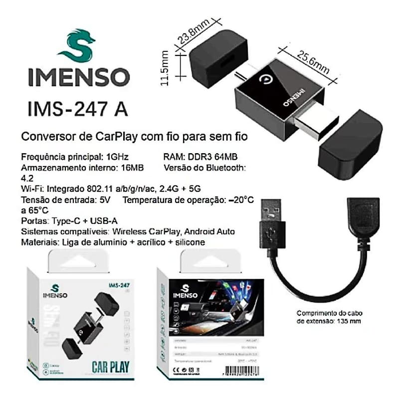 Adaptador Carplay IMS-247A Com Fio para Sem Fio