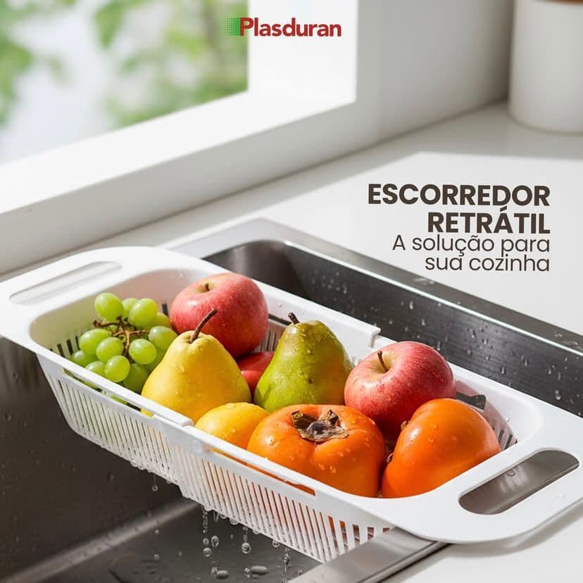 Escorredor Multiuso com Alças Retrátil - Plasduran - Ideal para lavar Frutas, Legumes e Macarrão.