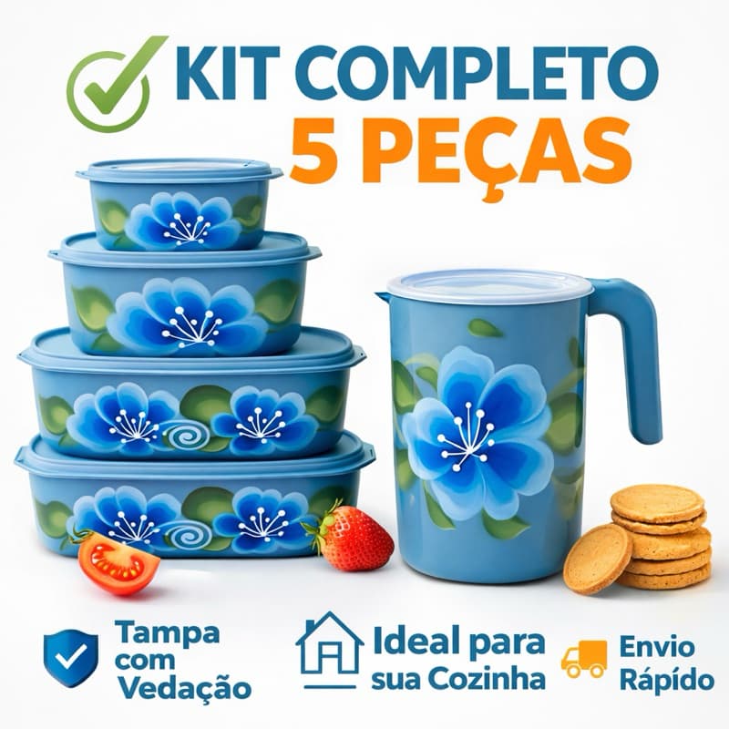 Kit com 4 Potes Herméticos + Jarra 1,8L Azul Floral | Tampa Vedação | Multiuso Cozinha