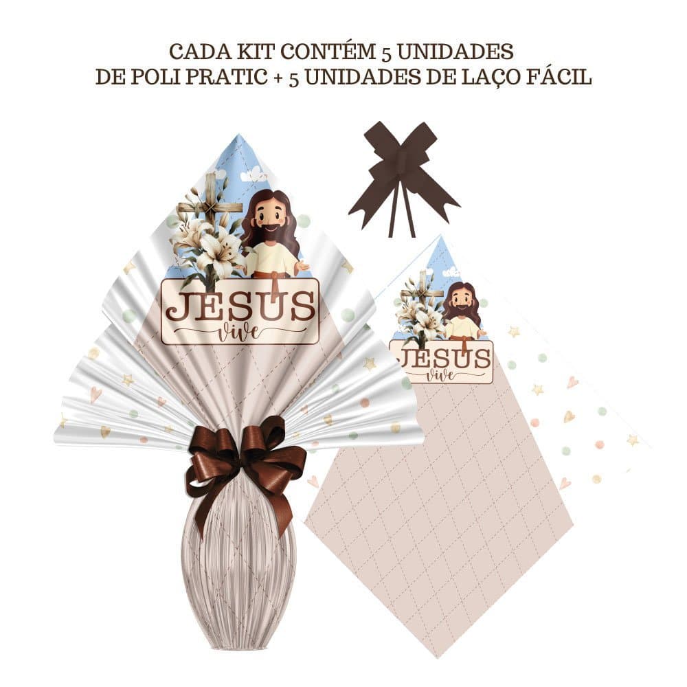 Saco Embalagem Pratic + Laço Fácil para Ovo de Páscoa 100 a 150g – 5 Un Diversas Estampas Coelho Presente Chocolate