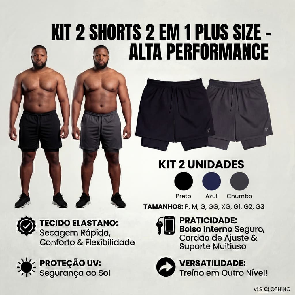 KIT 2 Shorts 2 em 1 DryFit PLUS SIZE VLS Original Elastano Academia Esporte Treino Masculino
