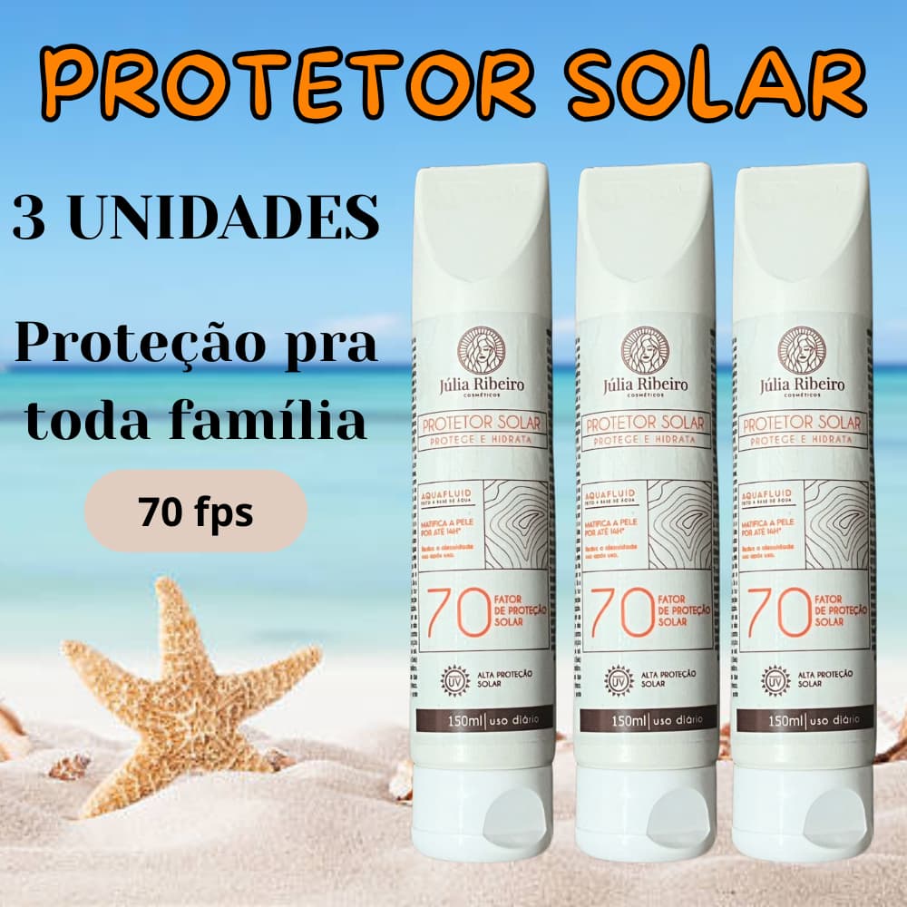 KIT COM 3 PROTETOR SOLAR 150ML FATOR 70, ANTIOLEOSIDADE, RÁPIDA ABSORÇÃO, ROSTO E CORPO