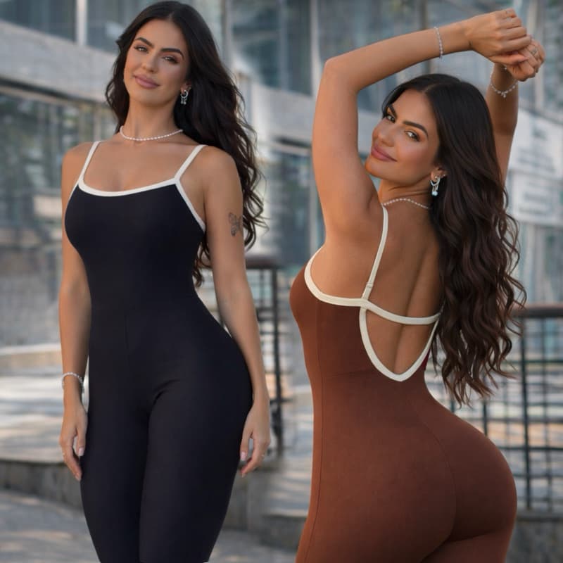 Macacão Longo Academia Gringa Modelador Duas Cores Fitness Yoga Moda Feminina Costa Núa