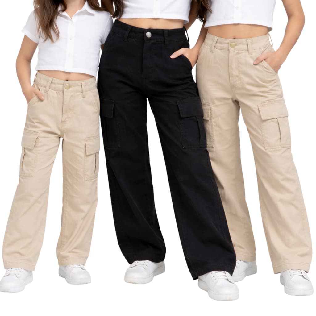 Calça Feminina Juvenil Cargo Wide Leg Bolsos Laterais Moderna e Estilosa calça juvenil 100% Algodão