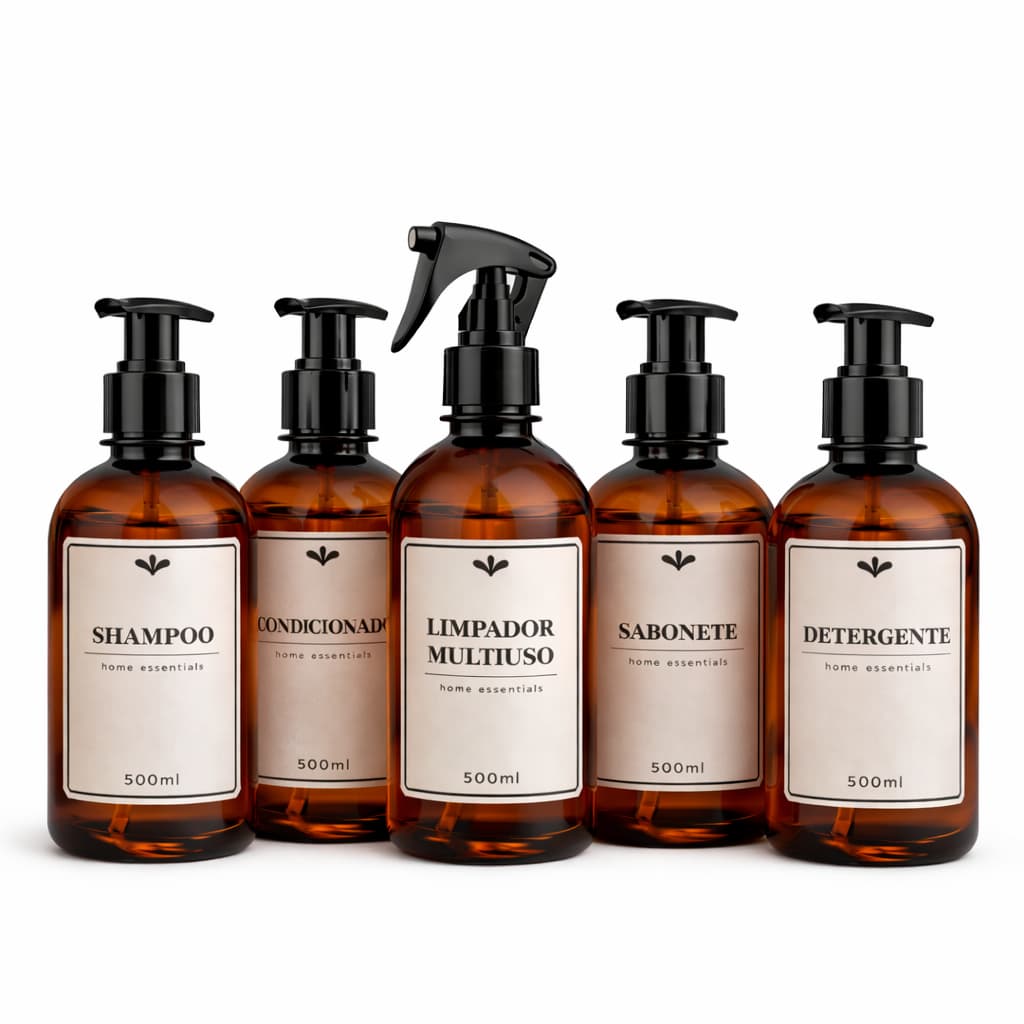 kit 5 frascos âmbar organizadores 500ml - shampoo, condicionador, sabonete, detergente e multiuso