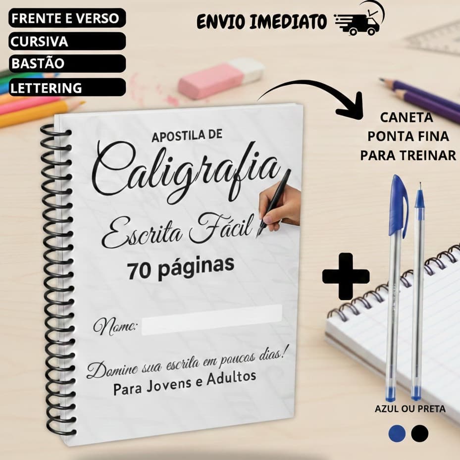 Apostila de Caligrafia Adultos e Jovens com 70 Exercicios  Letra Cursiva Bastao e Lettering + Caneta  ponta fina