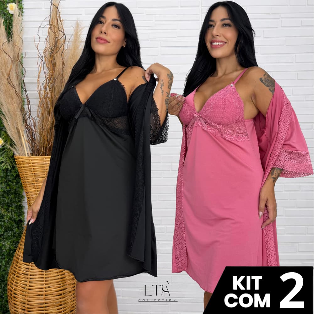 Kit 1 Robe Roupão e 1 Camisolas Amamentação Pós Parto Renda Vestido Dormir Maternidade Gestante