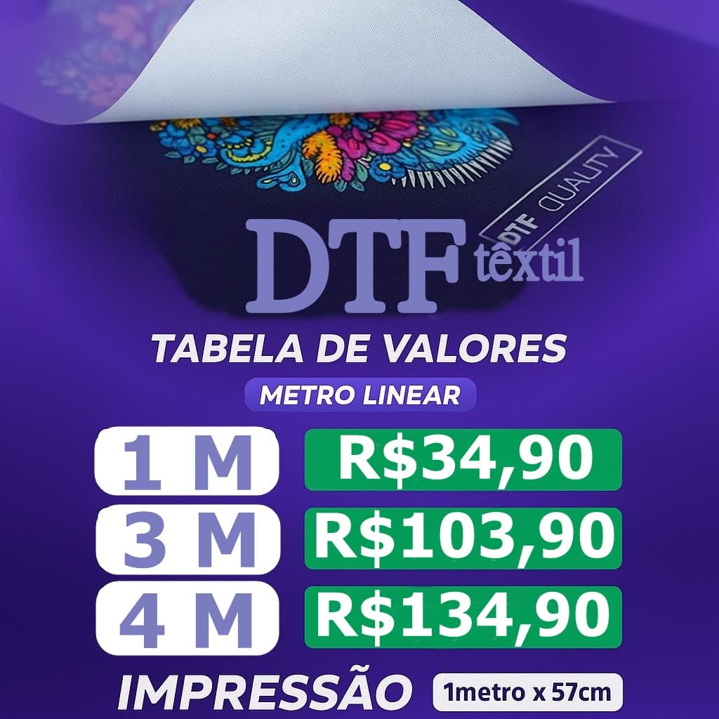 Impressão Personalizada DTF têxtil - 57cm x 100cm -1 metro (mínimo 1 metro)