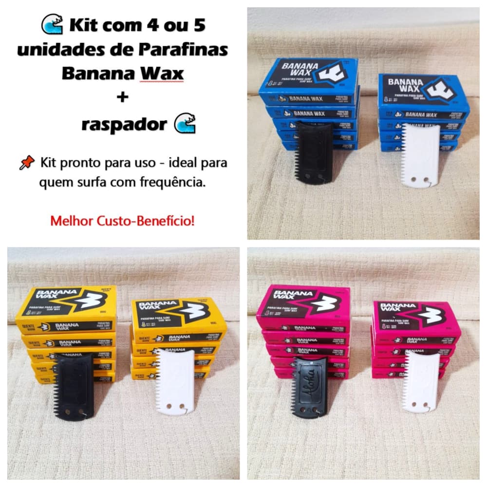 Kit Parafinas Banana Wax 80g água quente fria e tropical super aderência + raspador