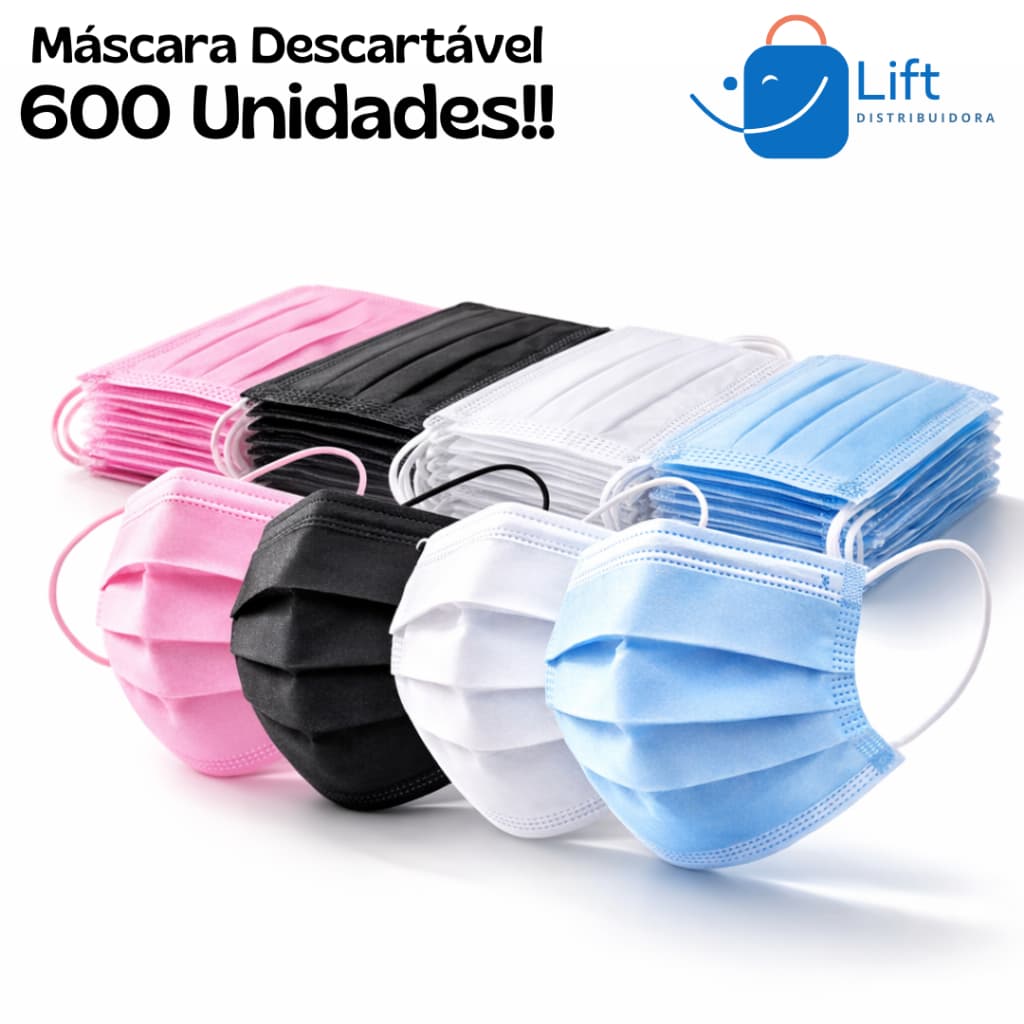 Kit até 600 Máscaras Descartáveis Tripla Camada Com Clipe Nasal - Cores Diversas