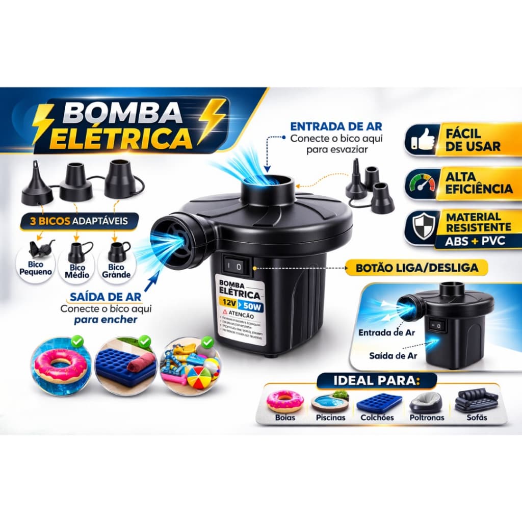 Bomba De Ar Elétrica Bivolt Encher Colchão Boia Piscina Bomba Pneumática Inflador Com Bicos